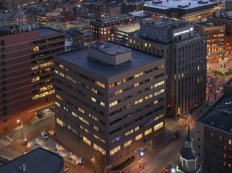 Aerial view of ProInfoNet’s Portland, Maine office at 2 Monument Square in downtown Portland during evening hours.