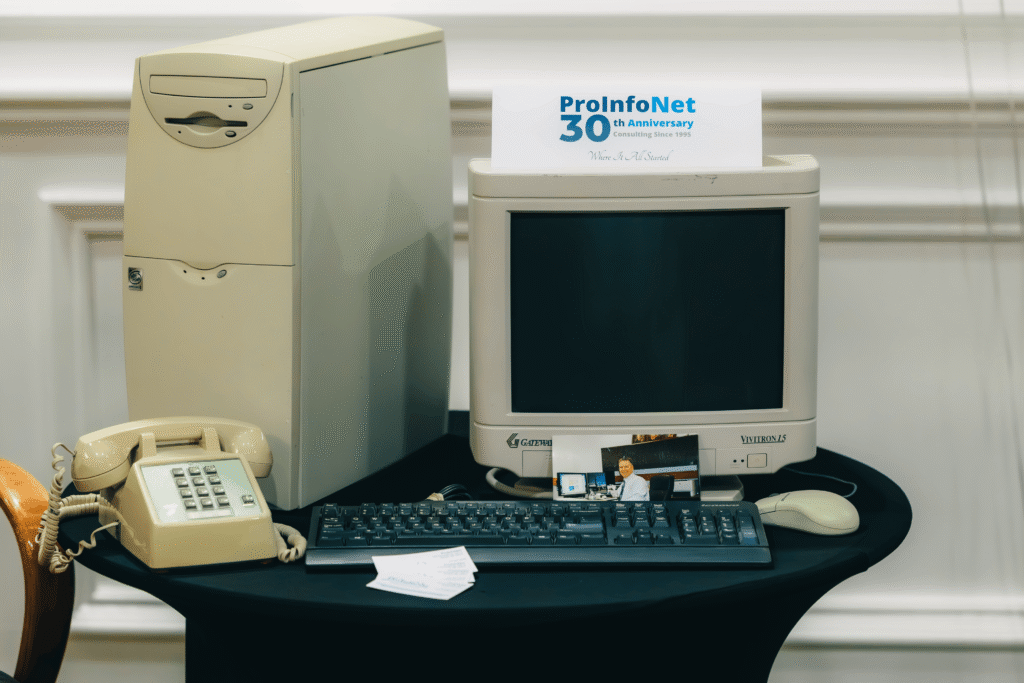 The original computer used by founder Jim Rogers when he started ProInfoNet in 1995, displayed at the company’s 30th anniversary celebration.