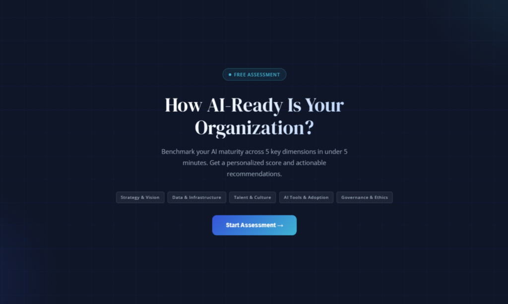 AI readiness assessment tool measuring strategy data talent adoption and governance across five dimensions