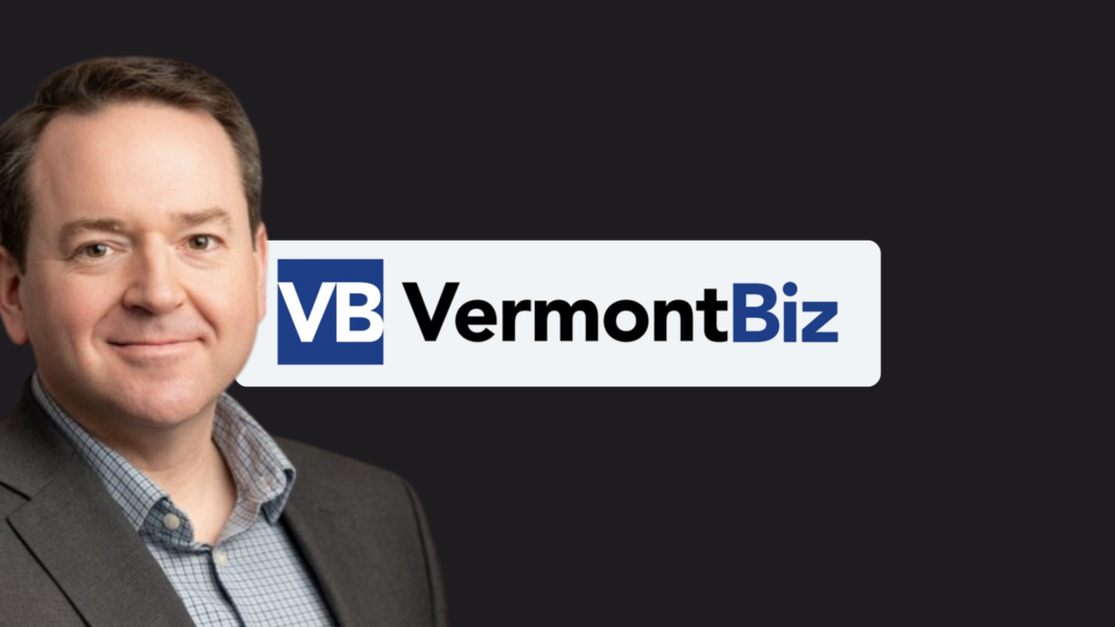 Headshot of Brad Sprague alongside the VermontBiz logo promoting ProInfoNet's announcement of his appointment as Director of Sales & Marketing.