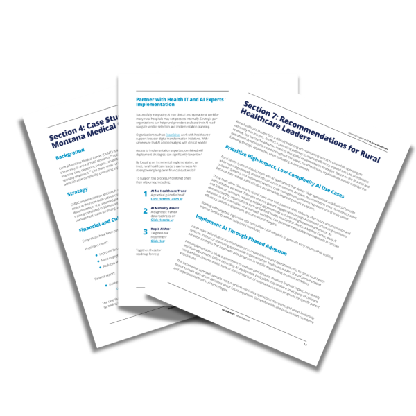 White paper pages showing rural healthcare case study and AI recommendations for improving financial performance